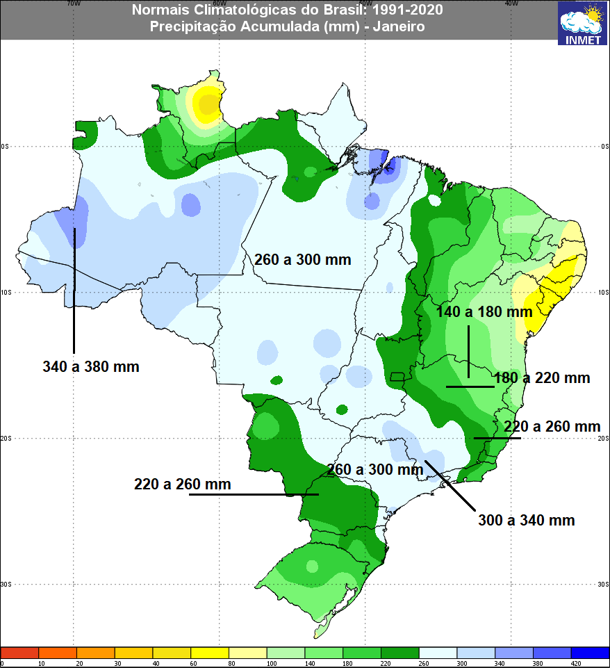 Distribuição da média de chuva para Janeiro no Brasil, conforme cálculos oficiais do Instituto Nacional de Meteorologia, para o período de 1991 a 2020. 