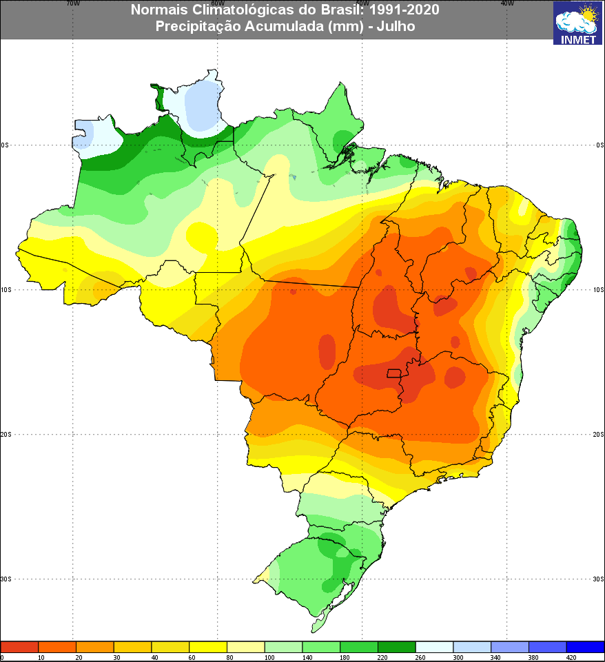 Distribuição da média de chuva para julho no Brasil, conforme cálculos oficiais do Instituto Nacional de Meteorologia, para o período de 1991 a 2020. 