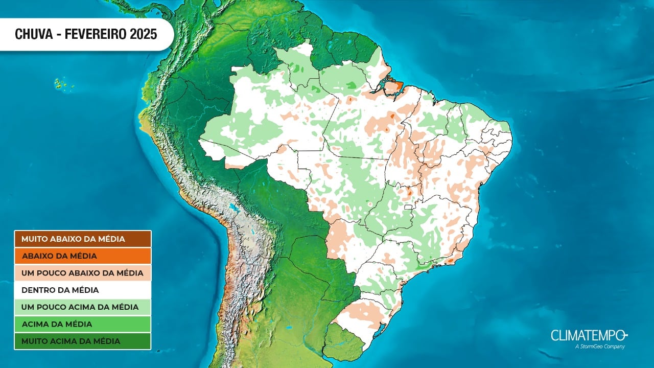 Previsão da anomalia de precipitação para fevereiro de 2025 (Fonte: Climatempo)