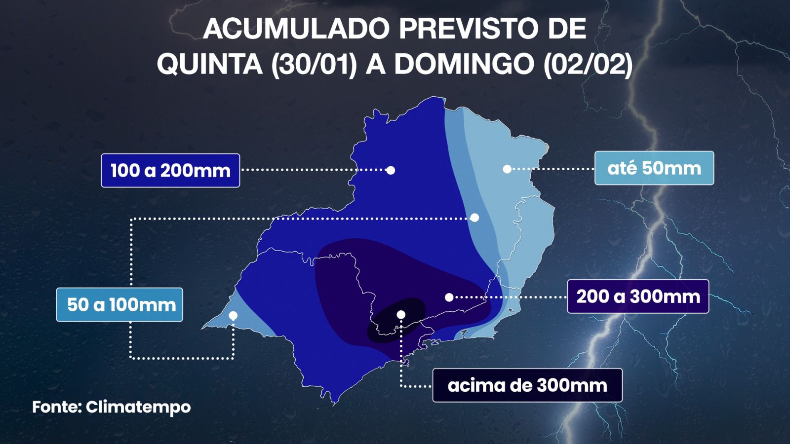 Volumes de chuva estimados para a ZCAS de 30 de janeiro a 2de fevereiro de 2025 (Fonte: Climatempo)