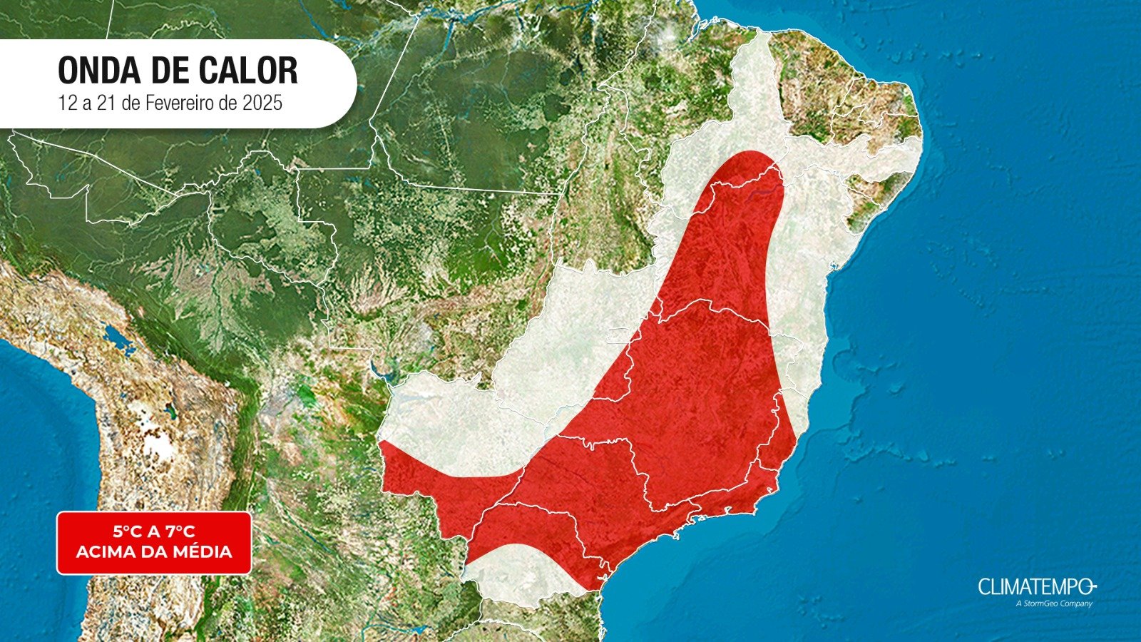 Regiões do Brasil que enfrentam onda de calor entre 12 e 21 de fevereiro de 2025 (Fonte: Climatempo)