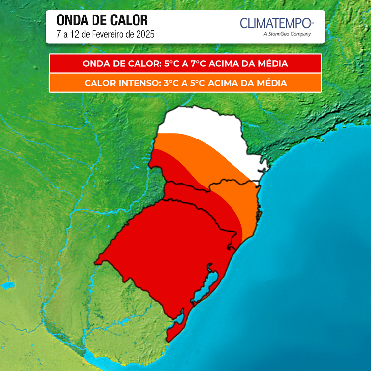 Onda de calor no Sul do Brasil de 7 a 12 de fevereiro de 2025 (Fonte: Climatempo)