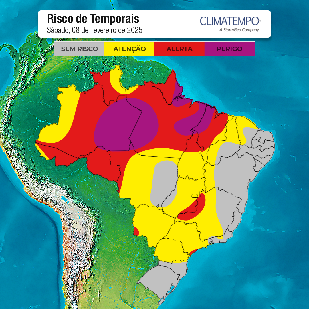 Risco de chuva forte no BR para 8-2-2025 (Fonte: Climatempo)