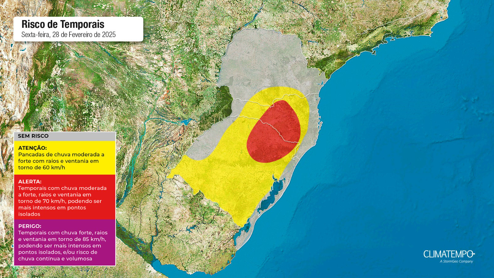 Figura 1- Mapa de risco de chuva para essa sexta-feira 28 de fevereiro de 2025. Fonte: Climatempo