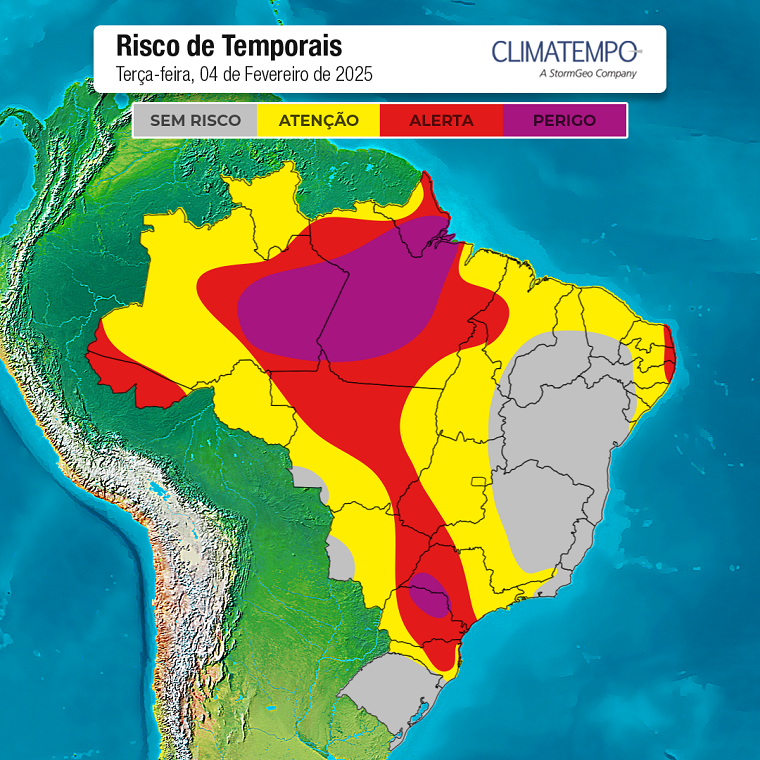 Risco de chuva forte e temporais no Brasil para 4/2/25 (Fonte: Climatempo)