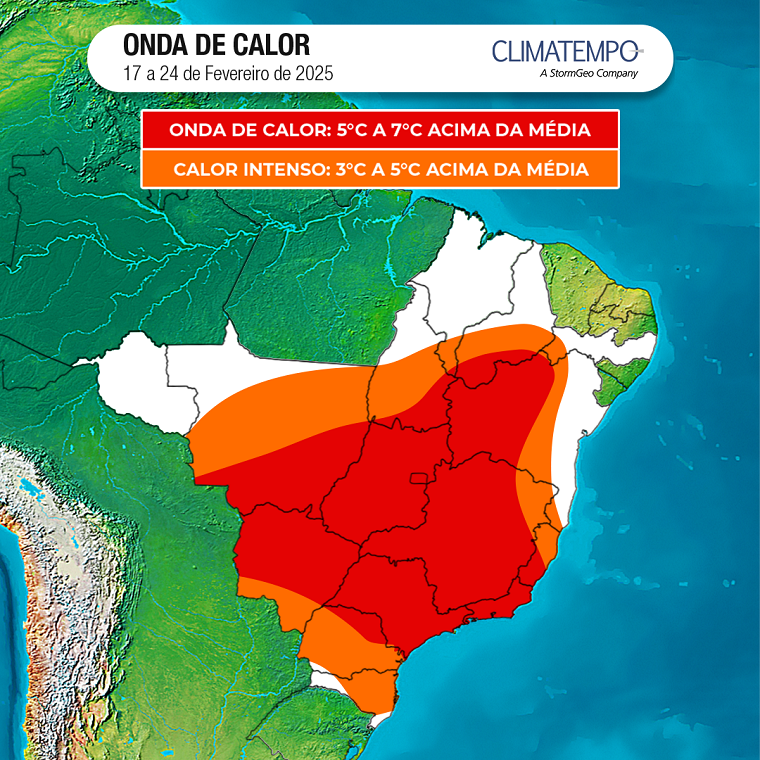 Onda de calor persiste sobre Brasil até 24/2/25 (Fonte: Climatempo)