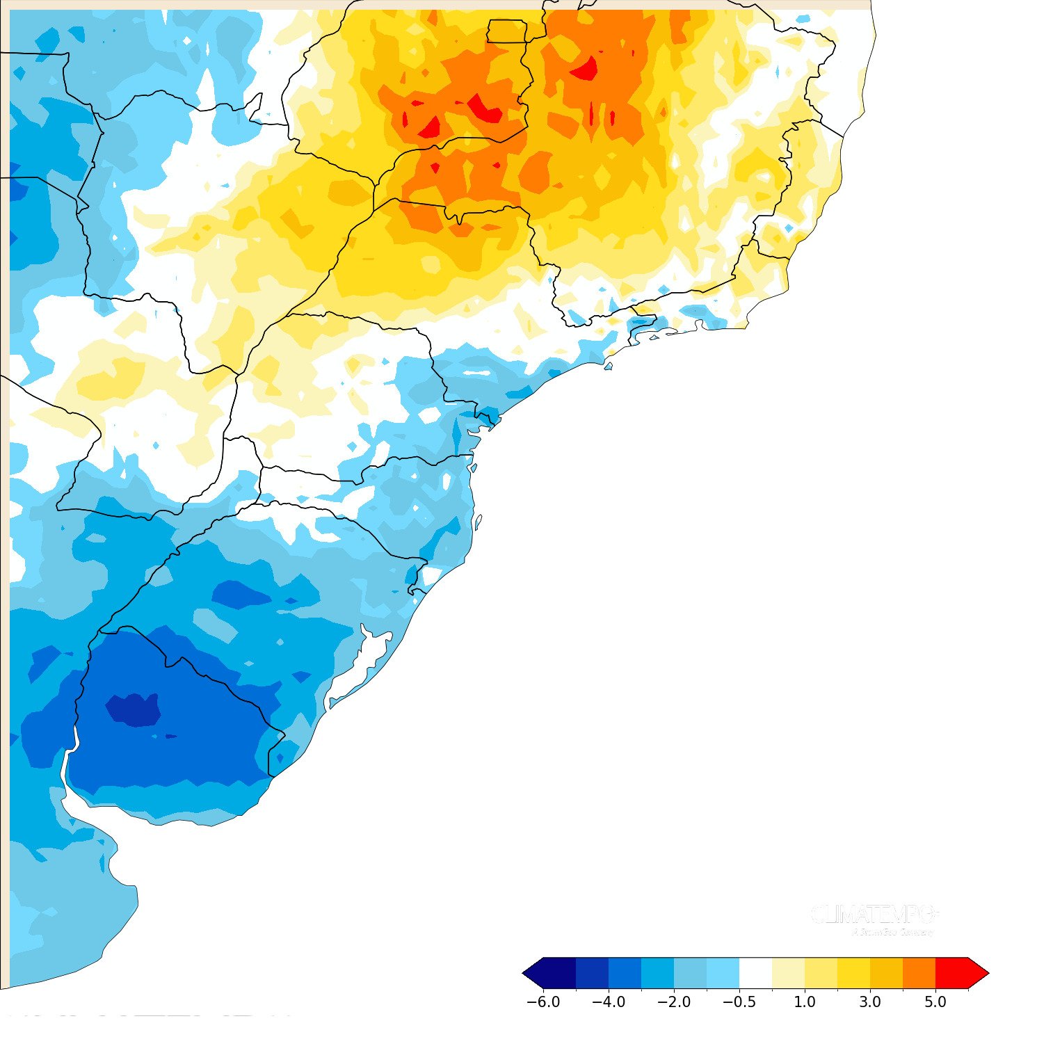 Figura 1- mapa de diferença de temperatura em relação a média de março entre o dia 10 de março e 13 de março de 2025. Fonte: Climatempo