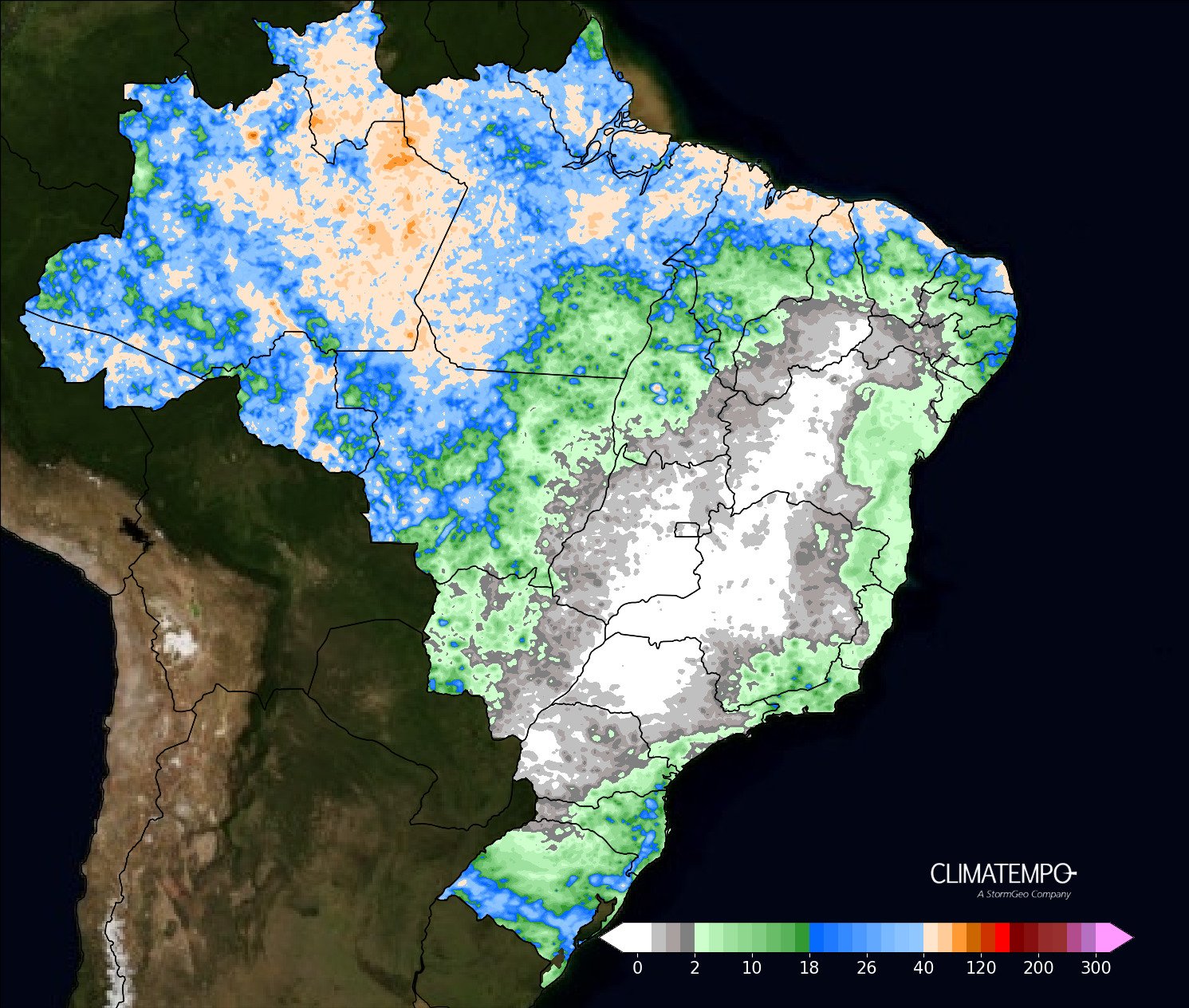 Figura 1- Acumulado de chuva prevista entre sábado 08 de março de 2025 e 10 de março de 2025. Fonte: Climatempo.