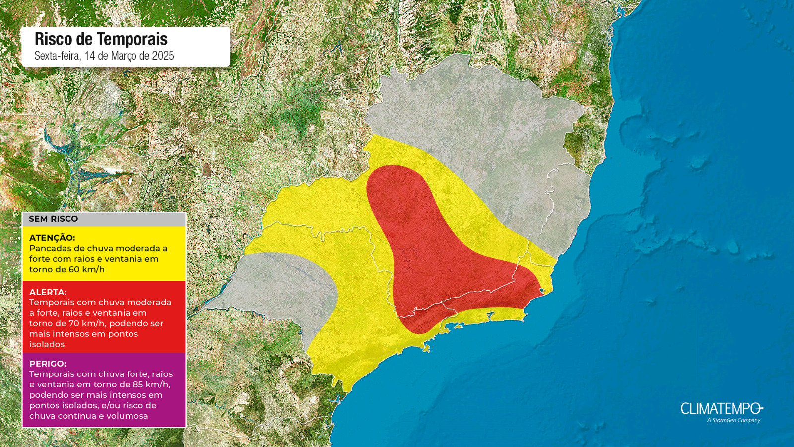 Figura 1- Mapa de risco para essa sexta-feira 14 de março. Fonte: Climatempo.