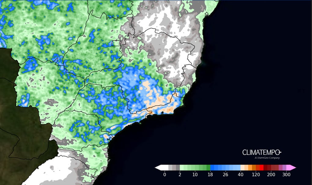 Figura 2- Acumula de chuva previsto entre 14 de março e 17 de março. Fonte: Climatempo