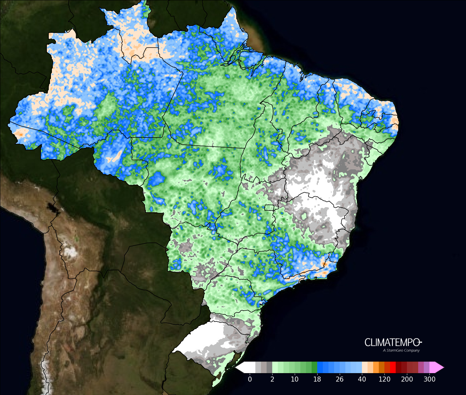 Figura 1- Acumulado de chuva previsto entre 14 de março de 2025 de 17 de março de 2025. Fonte: Climatempo.