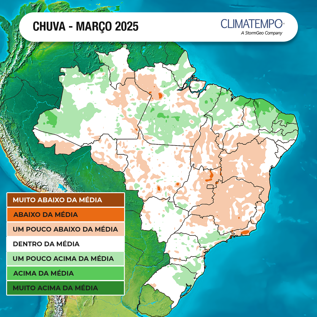 Previsão da anomalia de precipitação de março de 2025, baseada em modelos de clima computacionais (Arte: Climatempo)