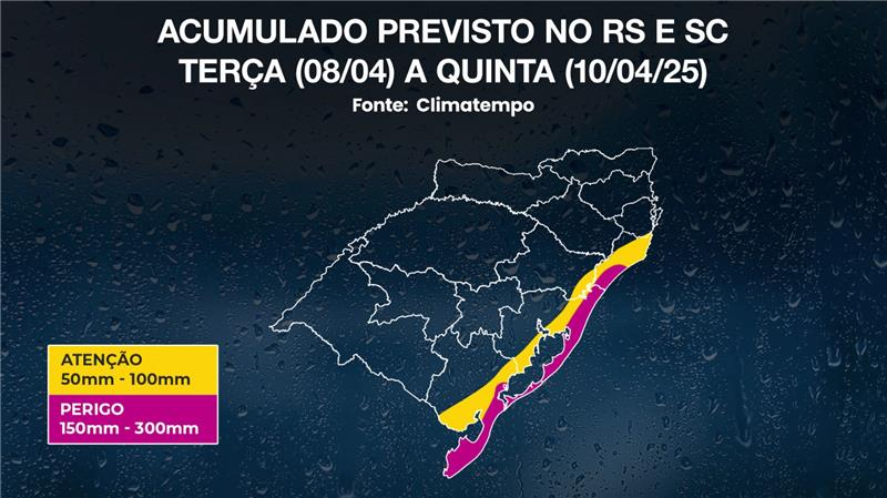 Mapa de risco de chuva volumosa no litoral do RS e de SC, entre 8 e 10 de abril de 2025 (Fonte: Climatempo)