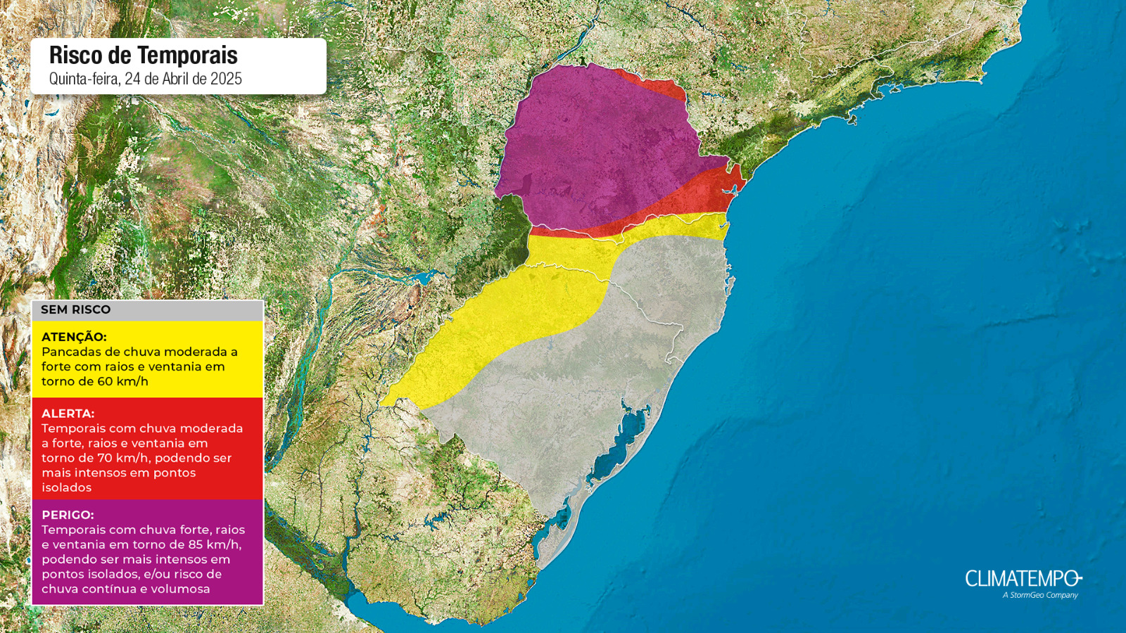 Figura 1 - Mapa de risco para essa quinta-feira 24 de abril de 2025. Fonte: Climatempo;