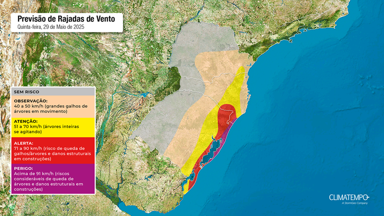 Áreas com risco de vento forte no Sul do Brasil para 29-5-25
