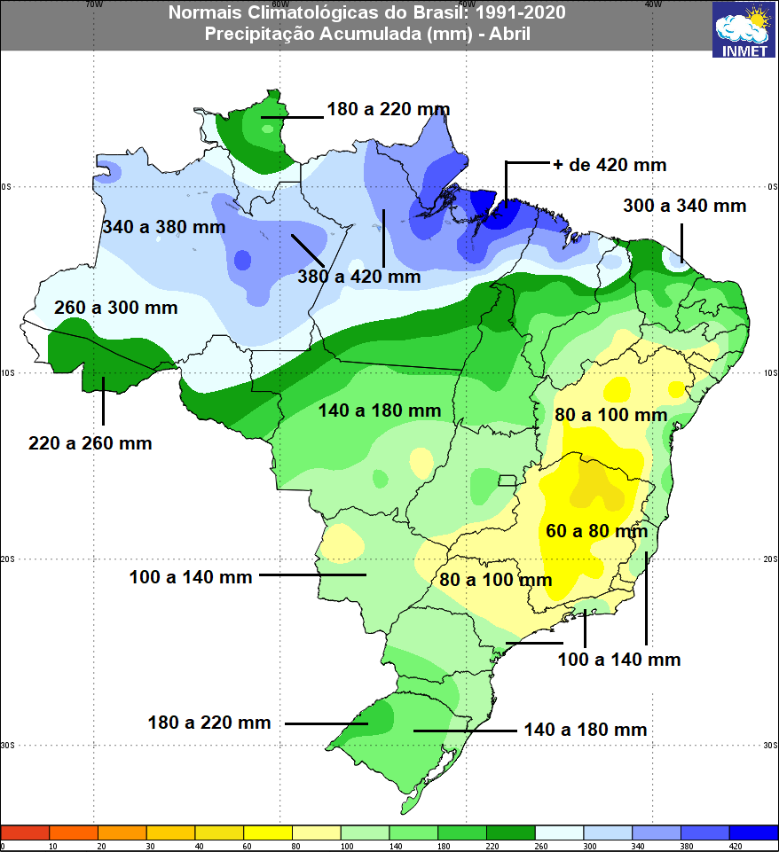 Climatologia de precipitação no Brasil para o mês de Brasil (Fonte: Inmet)