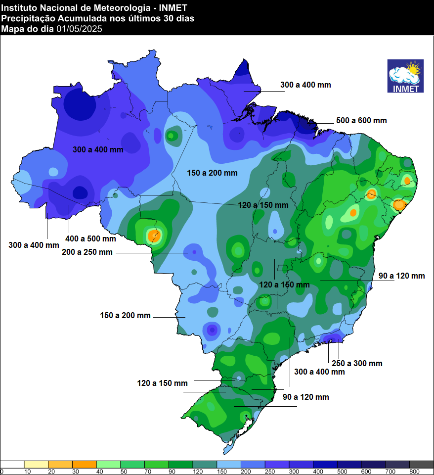 Acumulado de precipitação no Brasil em abril de 2025 (Fonte: Inmet)