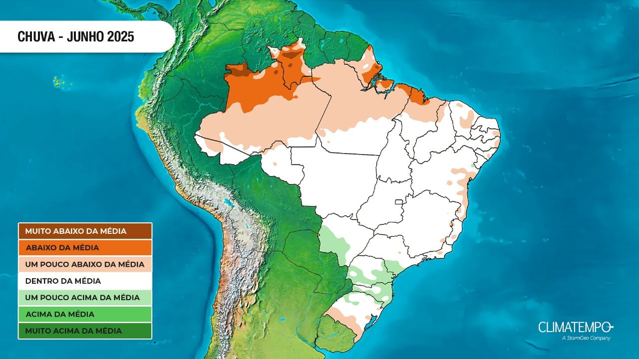Previsão da anomalia de precipitação no Brasil para junho de 2025