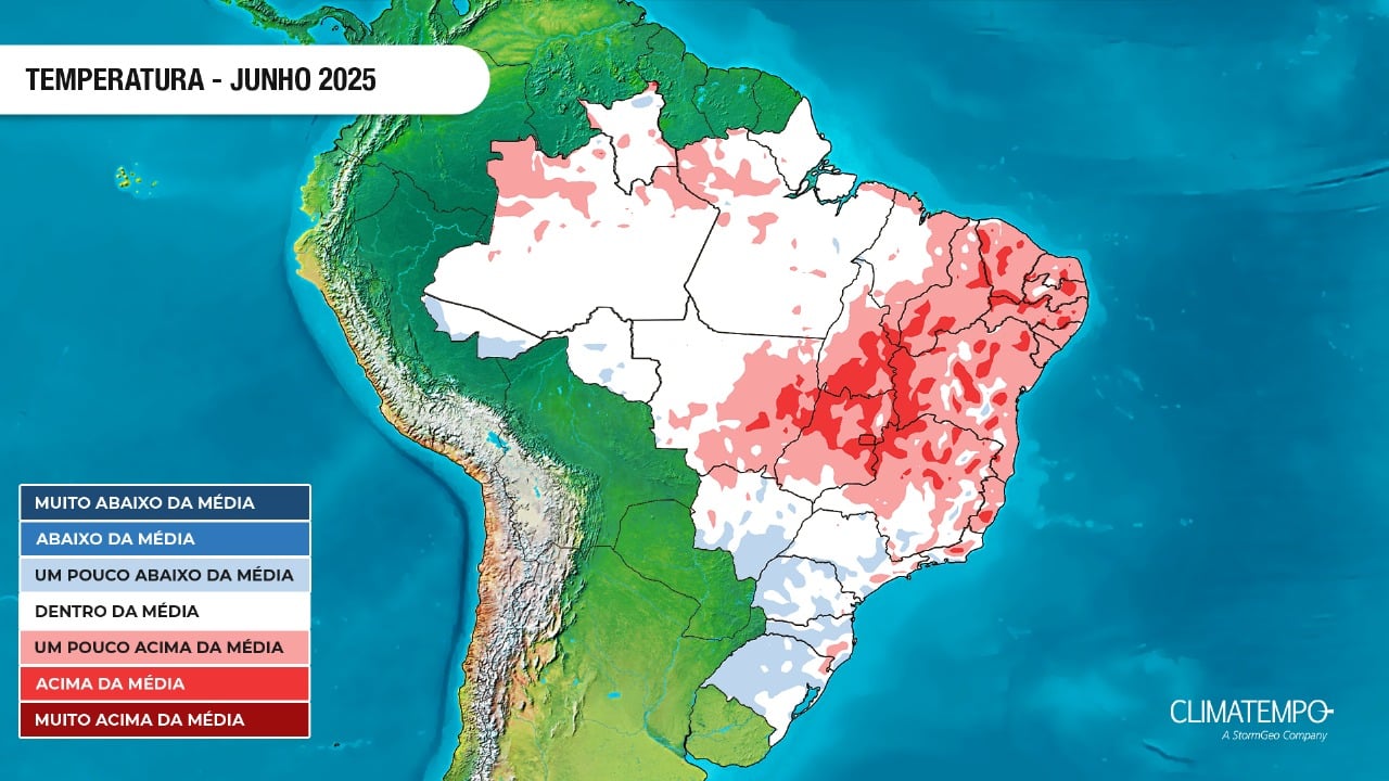Previsão da anomalia de temperatura no Brasil para junho de 2025