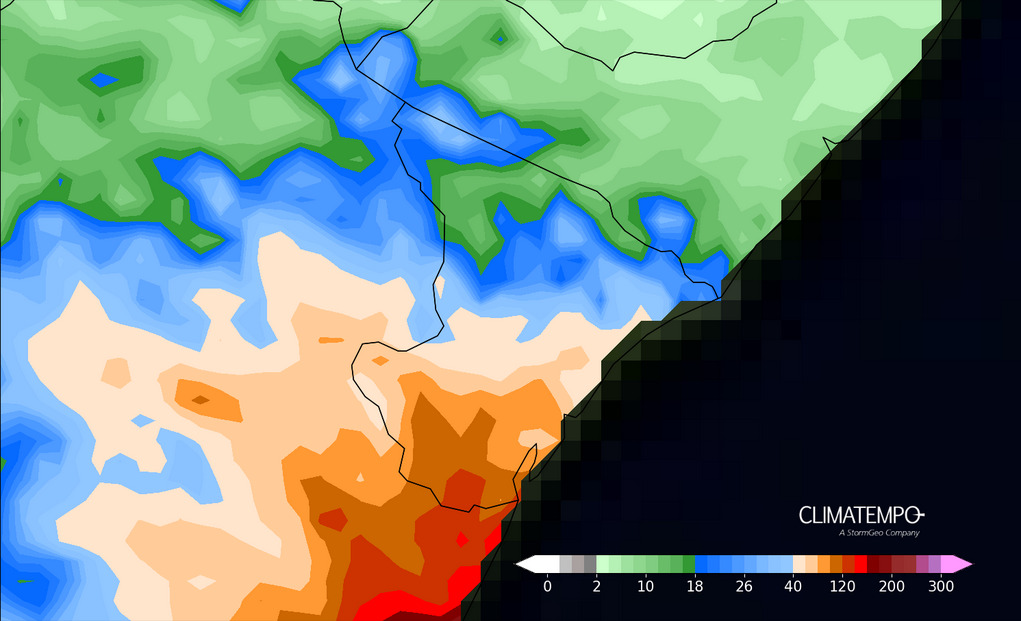 Figura 1- Mapa de acumulados previstos entre 02 de maio de 2025 e 06 de maio de 2025. Fonte: Climatempo.