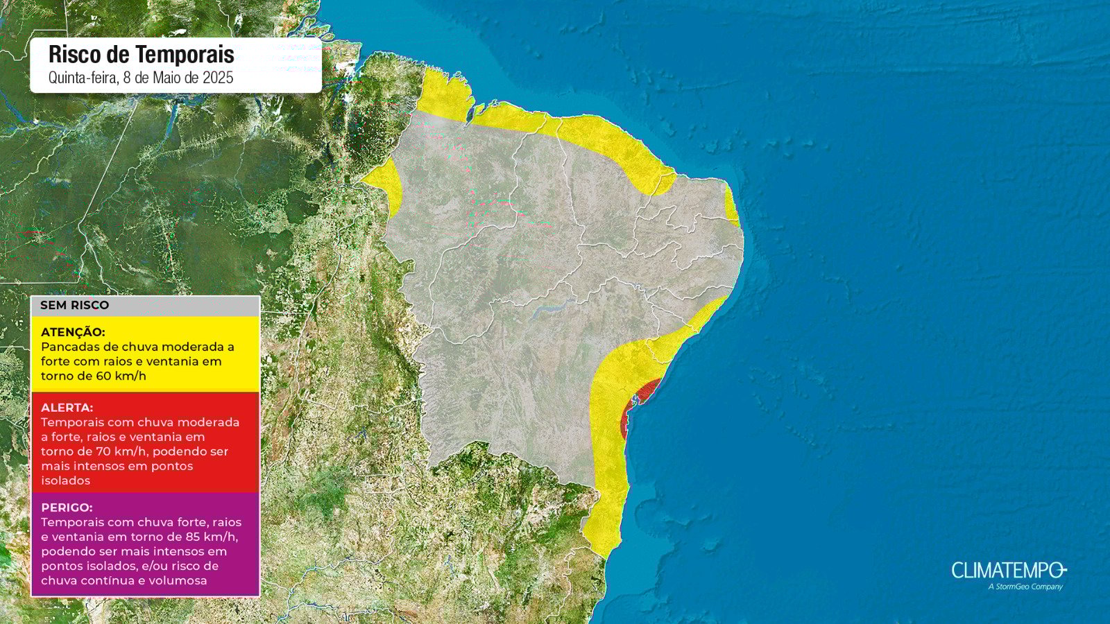 Figura - Mapa de risco para essa quinta-feira 8 de maio de 2025. Fonte: Climatempo