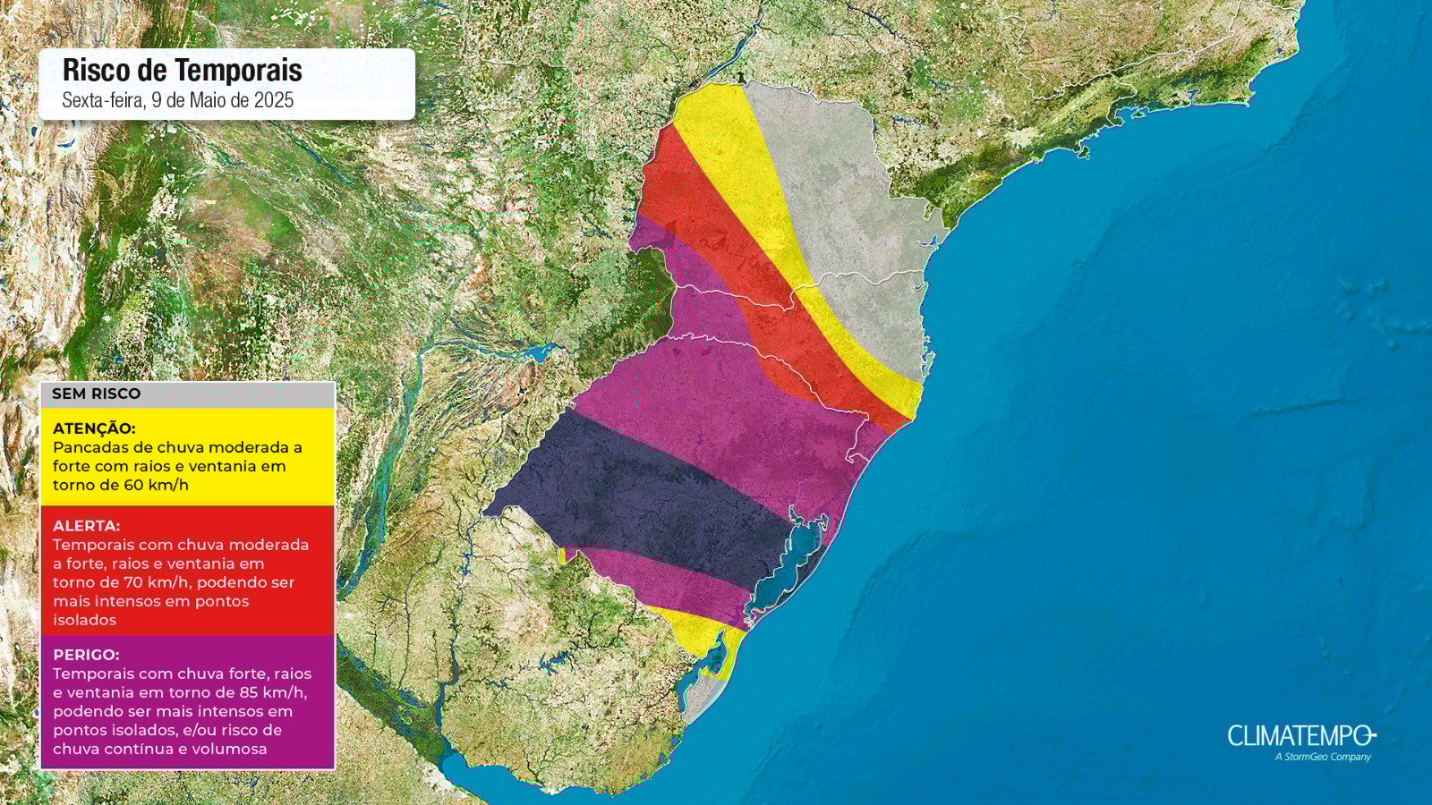 Figura 1- Mapa de risco para essa sexta-feira 09 de maio de 2025. Fonte: Climatempo.
