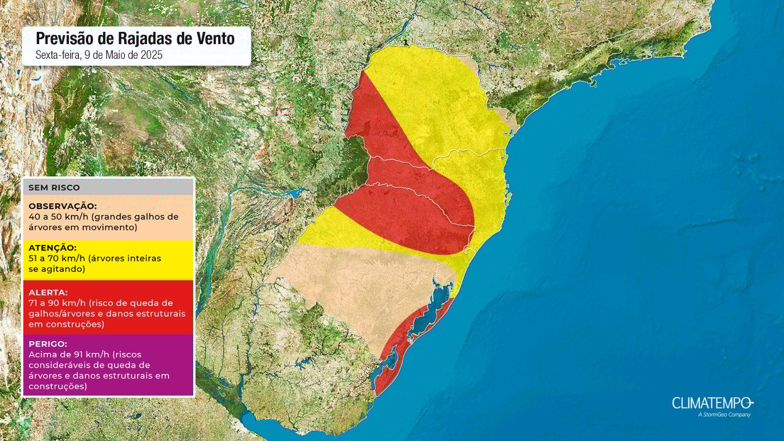 Figura 2- Mapa de risco, com as rajadas de vento previstas para essa sexta-feira 09 de maio de 2025. Fonte: Climatempo.