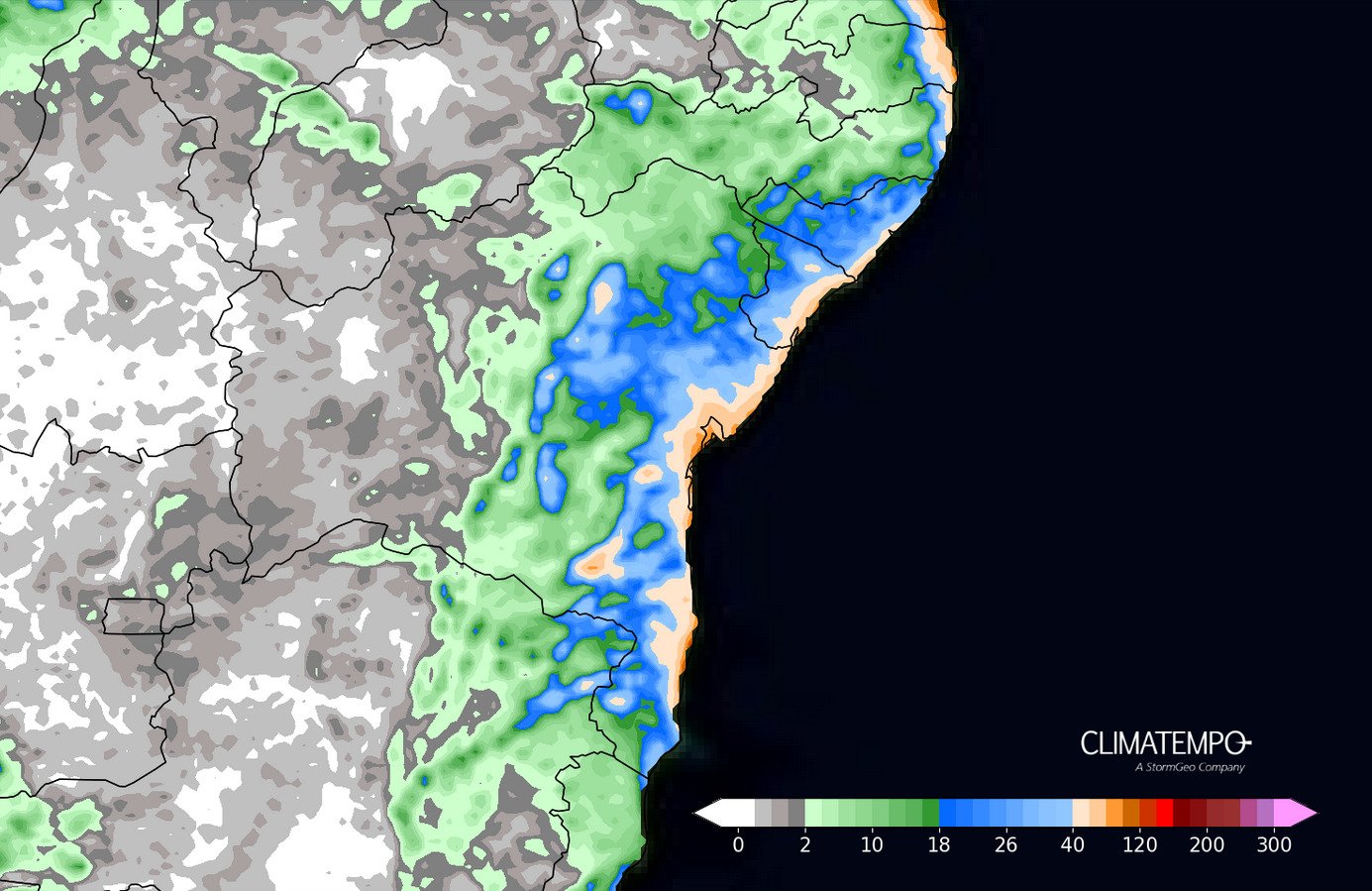 Figura 1- Acumulado de chuva previsto entre 13 de maio de 2025 e 17 de maio de 2025. Fonte: Climatempo.