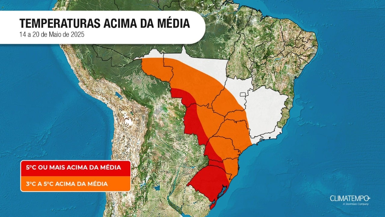 Figura 1 - Mapa de temperaturas acima da média nos próximos dias. Fonte: Climatempo.