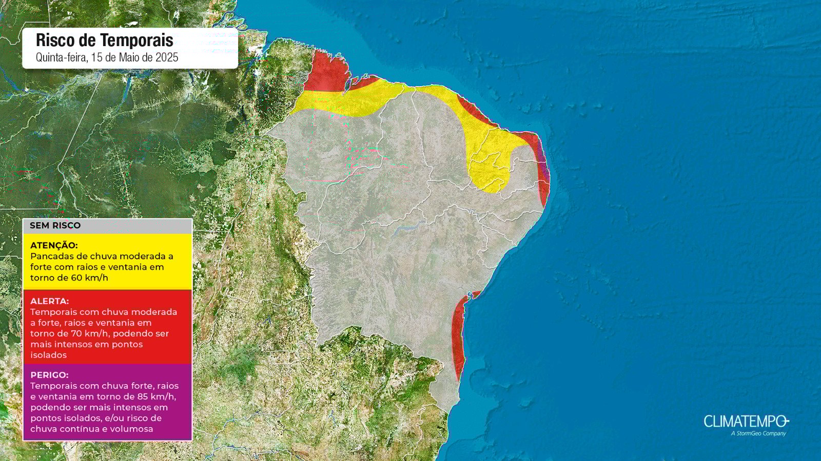 Figura 1- Mapa de risco para essa quinta-feira 15 de maio de 2025. Fonte: Climatempo.