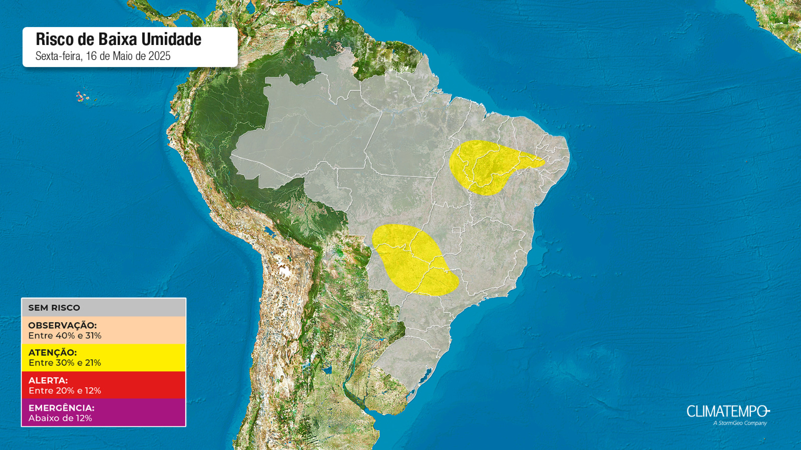 Figura 1= Mapa de risco para umidade nesta sexta-feira 16 de maio 2024. Fonte: Climatempo.