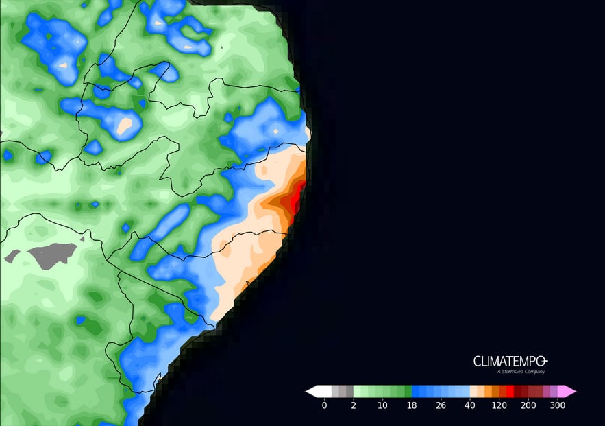 Figura 1- Acumulado de chuva esperado entre 17de maio de 2025 e 21 de maio de 2025. Fonte: Climatempo.