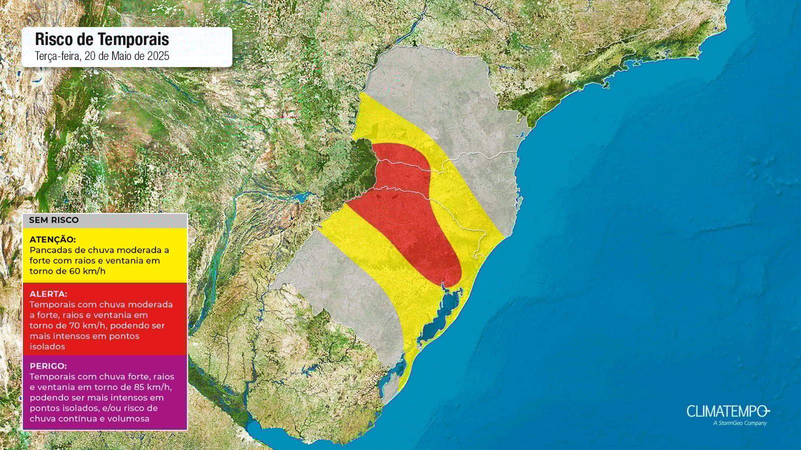 Figura 1- mapa de risco desta terça-feira 19 de maio de 2025. Fonte: Climatempo.