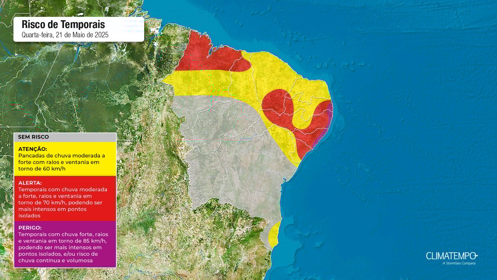Figura 1- Mapa de risco para essa quarta-feira 21 de maio de 2025. Fonte: Climatempo.