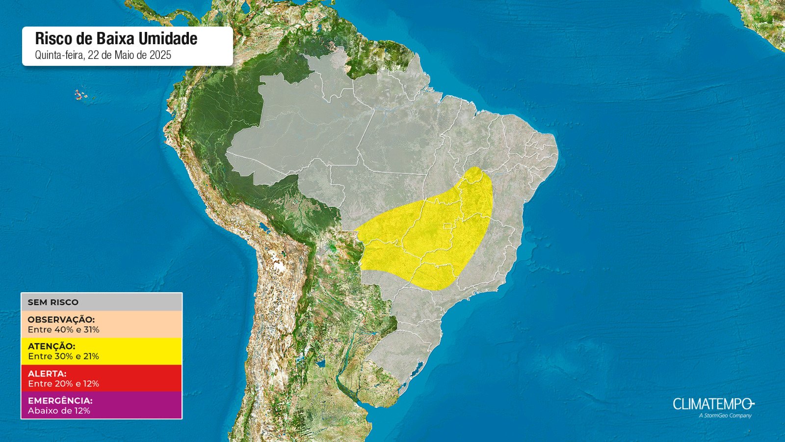 Figura 1- Mapa de risco de umidade nesta quinta-feira 22 de maio de 2025. Fonte: Climatempo.