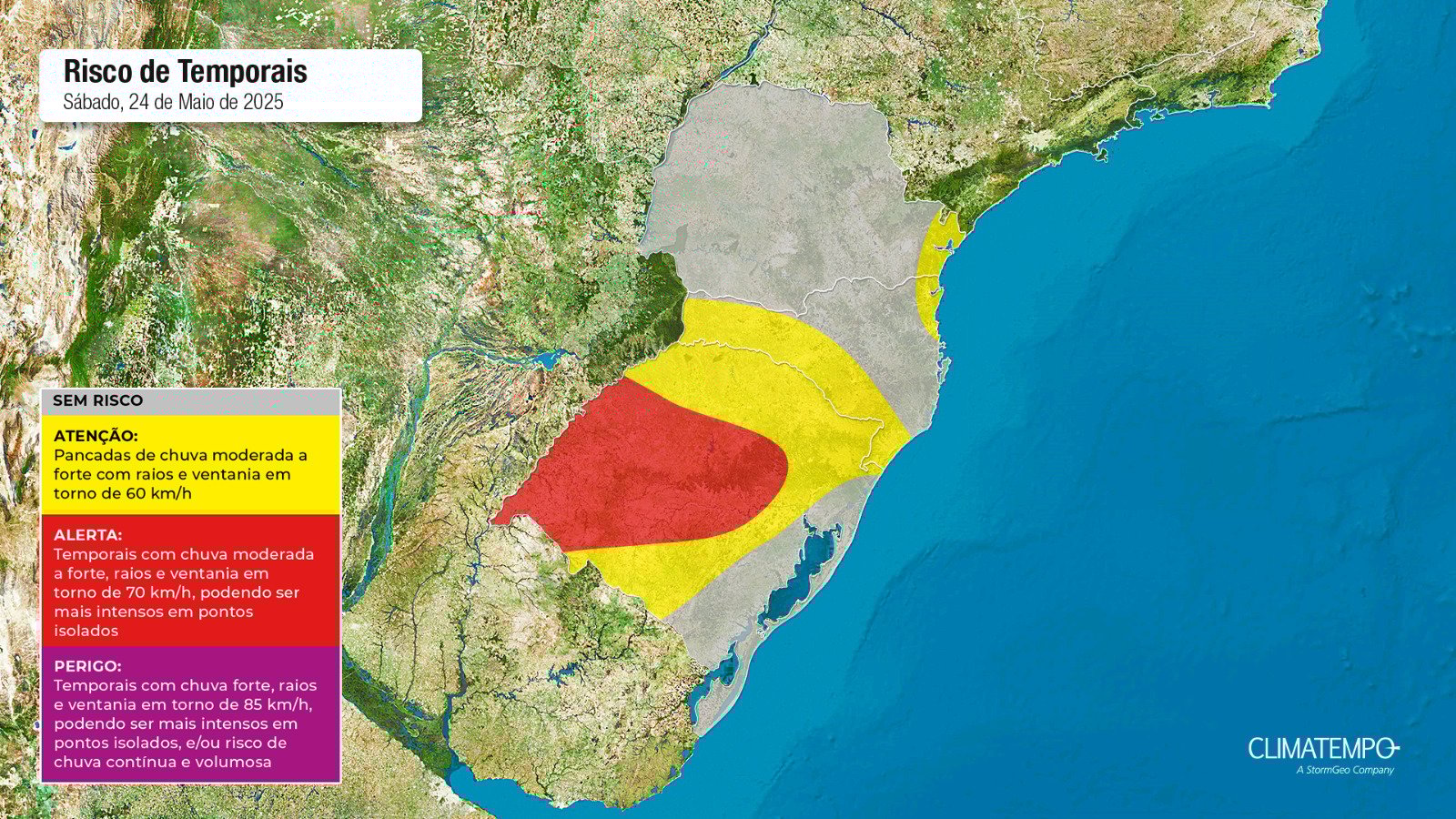 Figura 1- Mapa de risco deste sábado 24 de maio de 2025. Fonte: Climatempo