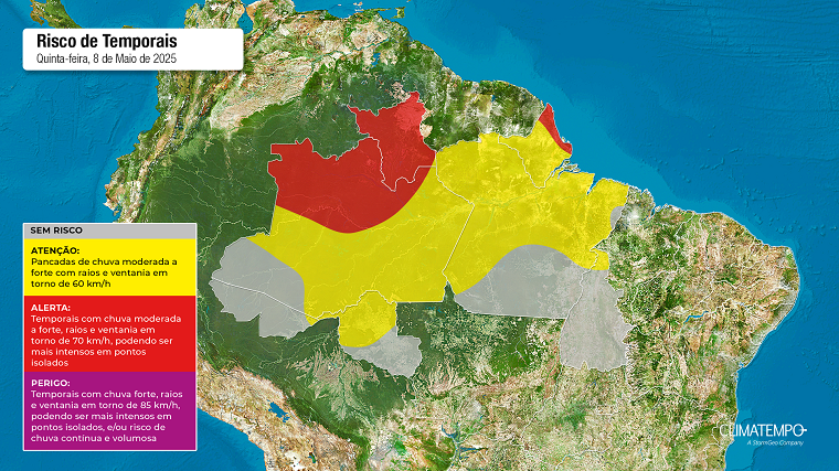 Mapa de risco de chuva forte no Norte do BR para 8-5-2025