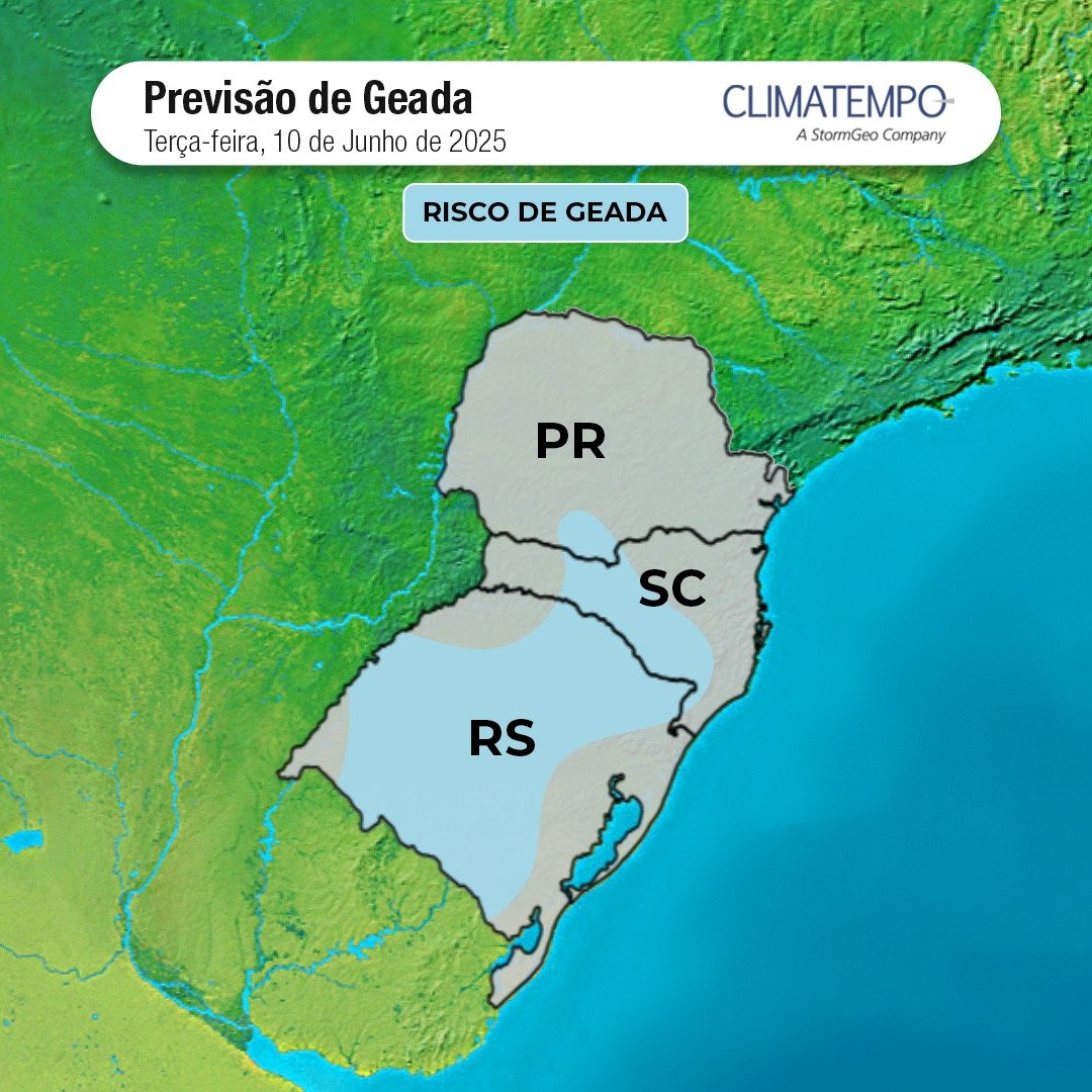 Áreas com maior probabilidade de ocorrência de geada no Sul do Brasil em 10/6/25