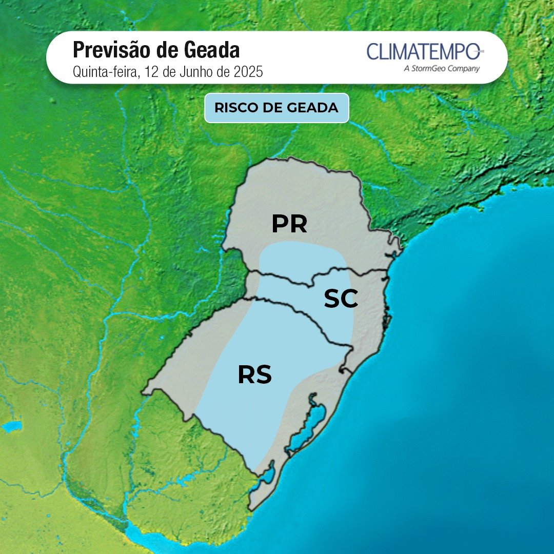 As áreas em azul claro são as mais propícias para formação de geada em 12/6/25