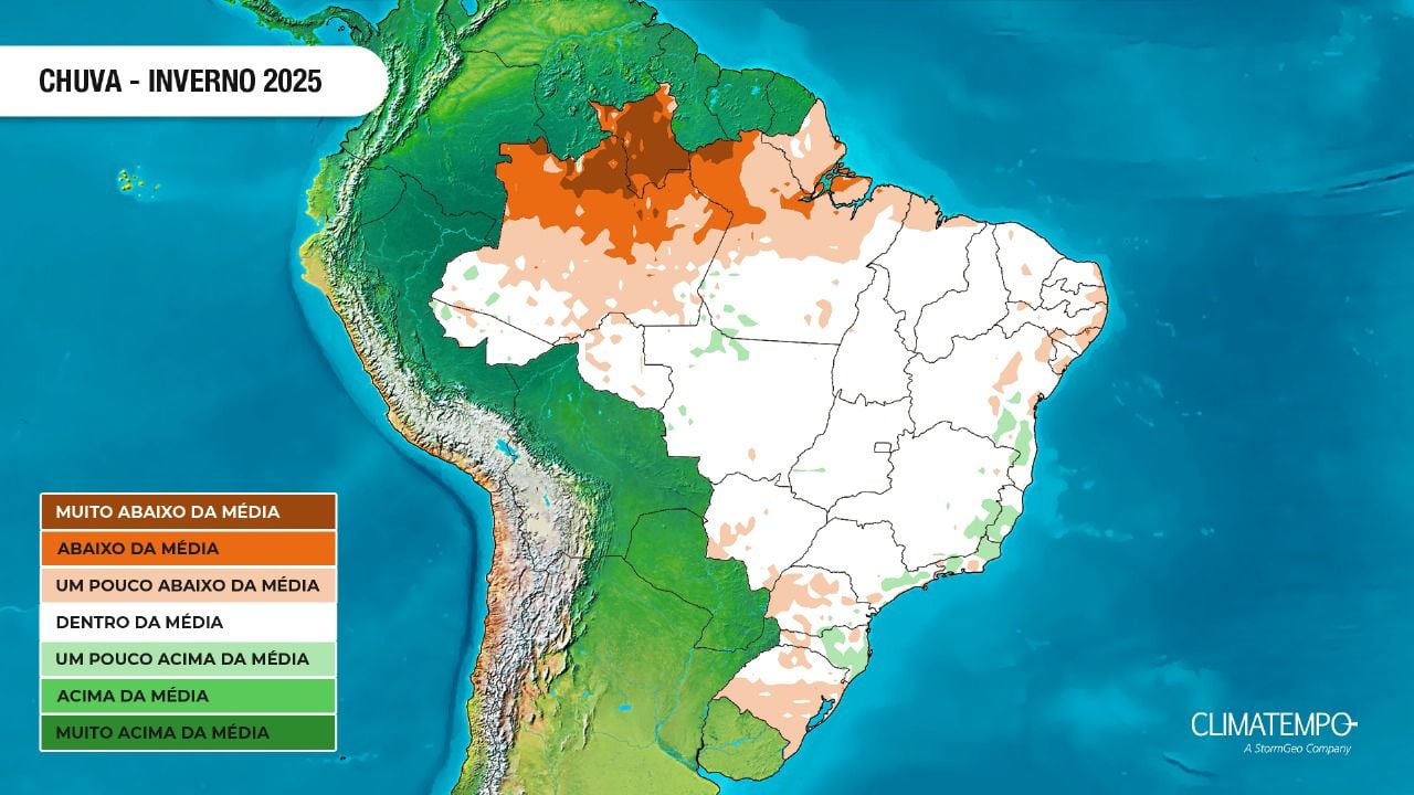 Tendência da anomalia de precipitação no Brasil no inverno de 2025