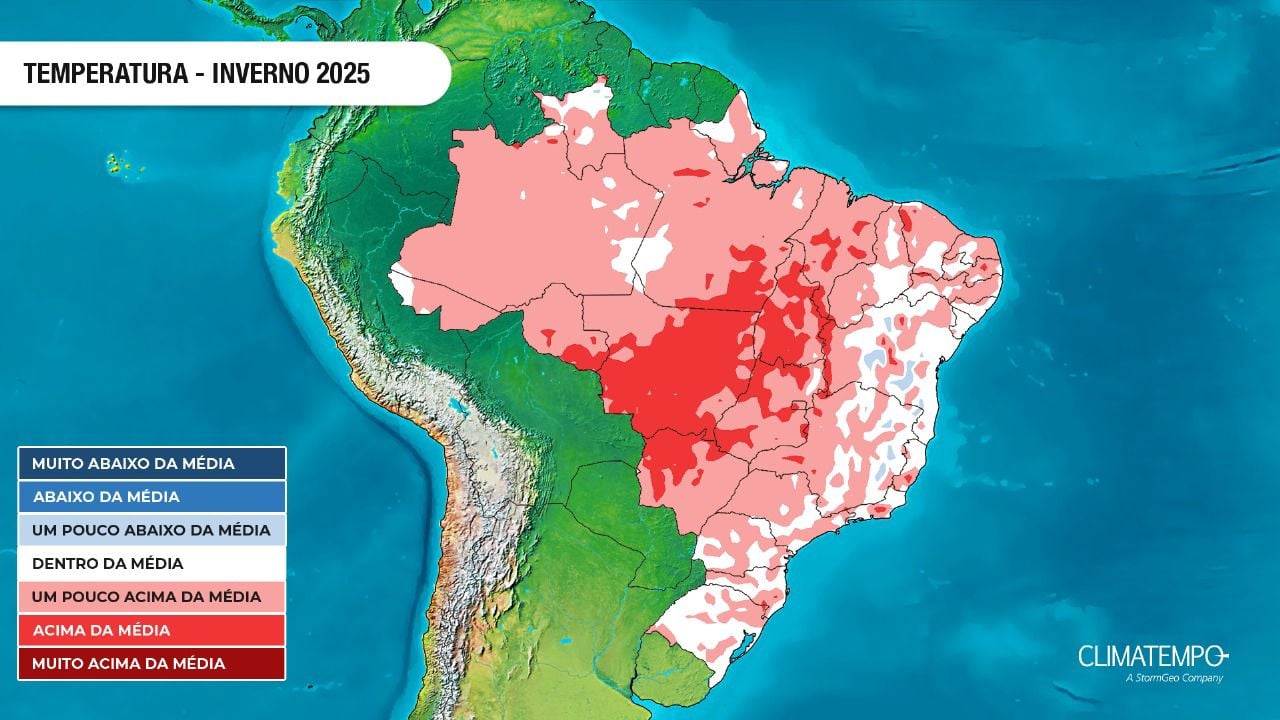 Tendência da anomalia de temperatura no Brasil no inverno de 2025