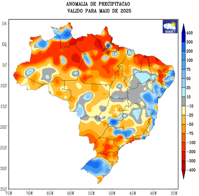 Anomalia de precipitação no Brasil em maio de 2025