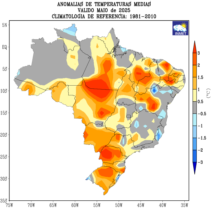 Anomalia de temperatura no Brasil em maio de 2025
