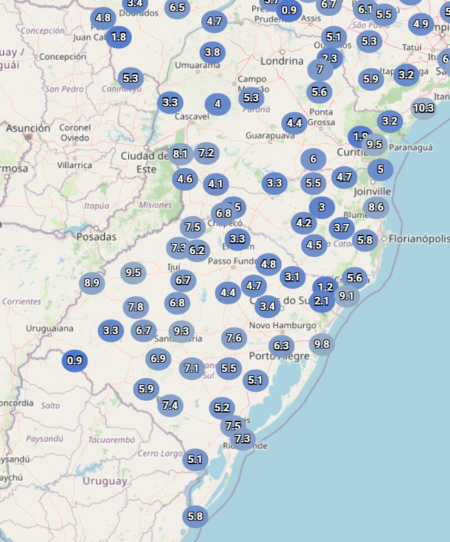 temperaturas às 7h no Sul do Brasil, em 30/5/25