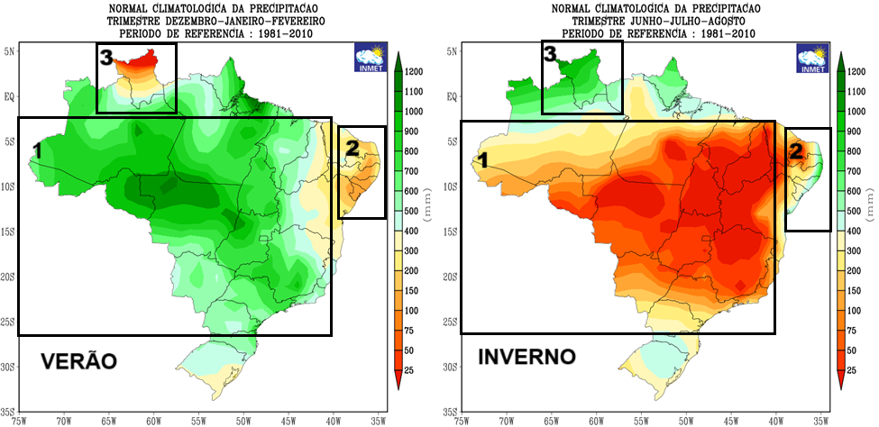 Comparação da precipitação média no Brasil no verão e no inverno