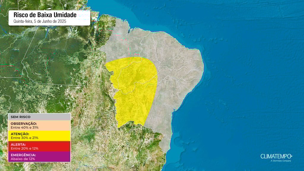 Figura 1- Mapa de risco para umidade relativa do ar, para quinta-feira 05 de junho de 2025. Fonte: Climatempo.