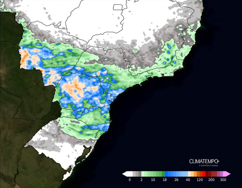 Figura 1- Acumulado de chuva previsto entre 07 de junho de 2025 e 09 de junho de 2025. Fonte: Climatempo.
