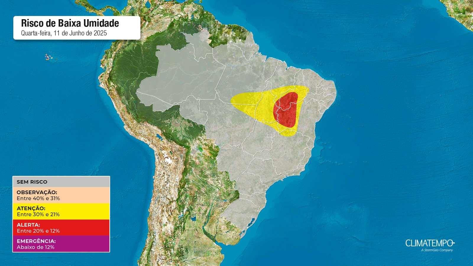 Figura 1- Mapa de risco de umidade para essa quarta-feira 11 de junho de 2025. Fonte: Climatempo.