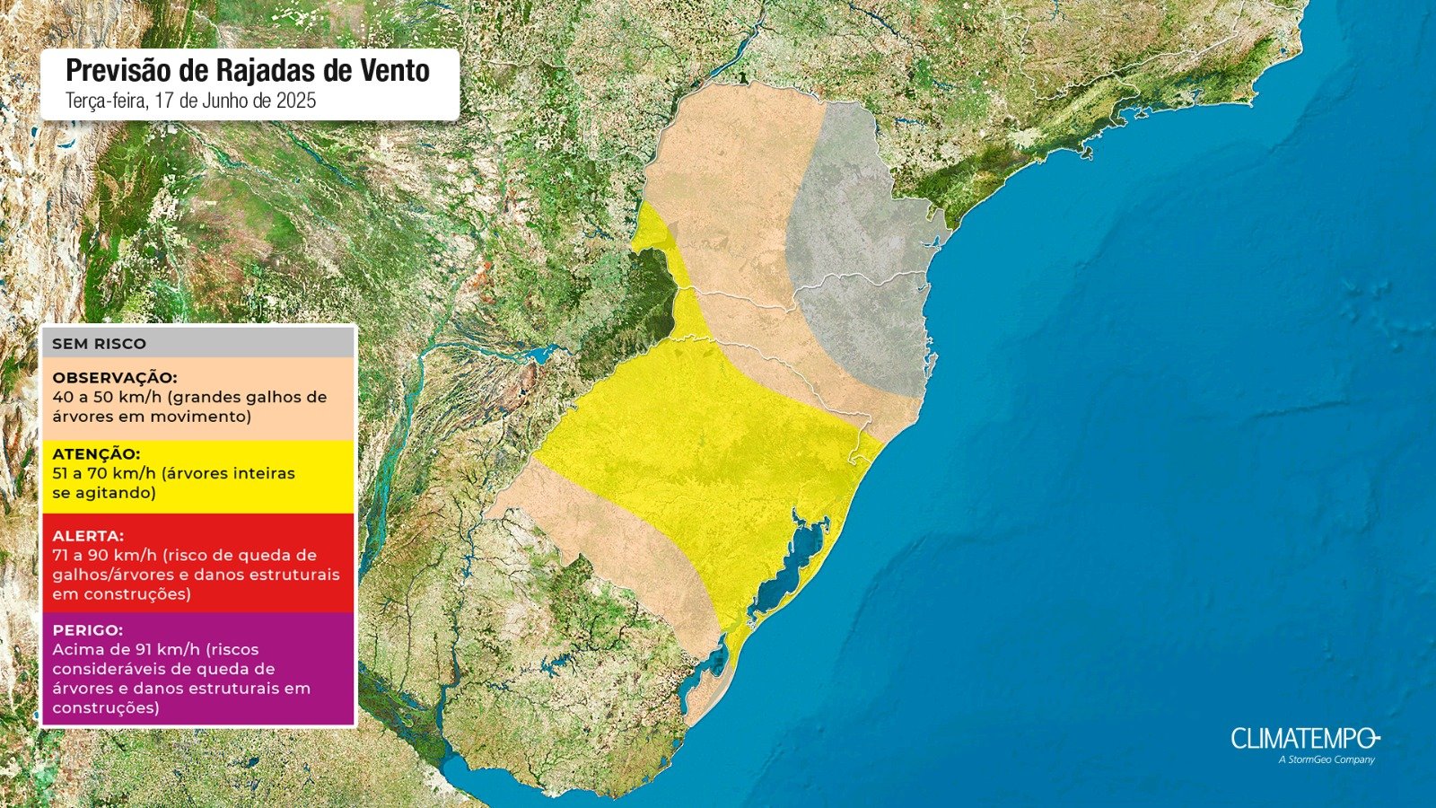 Figura 2: Mapa de risco para rajadas de vento prevista para essa terça-feira 17 de junho de 2025. Fonte: Climatempo.