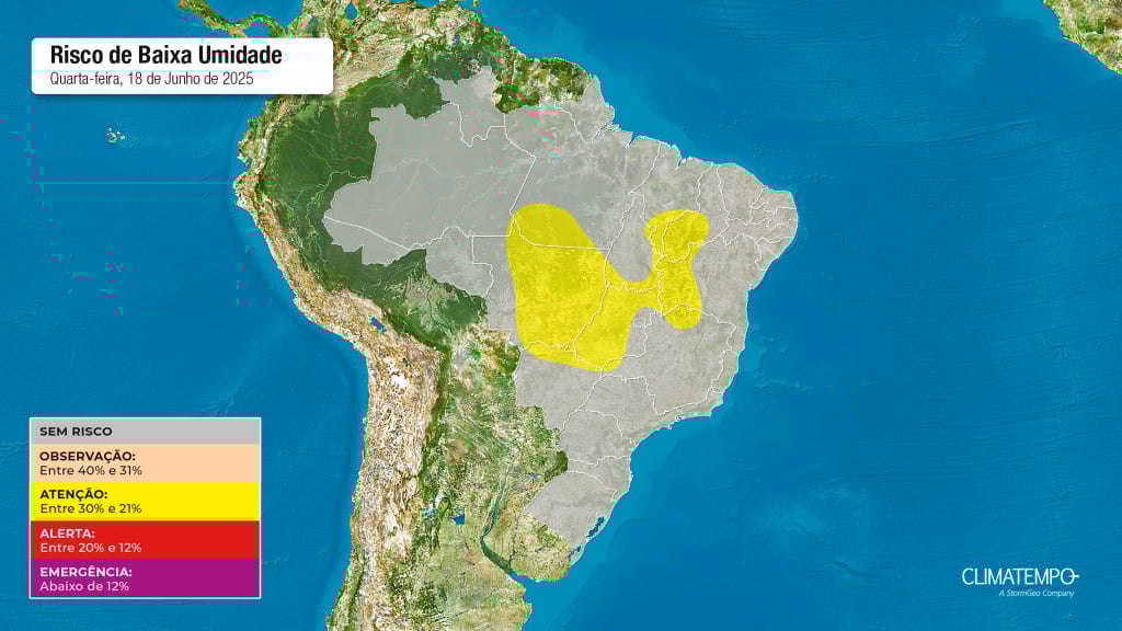 Figura 1- Mapa de risco de umidade relativa do ar para essa quarta-feira 18 de junho de 2025. Fonte: Climatempo